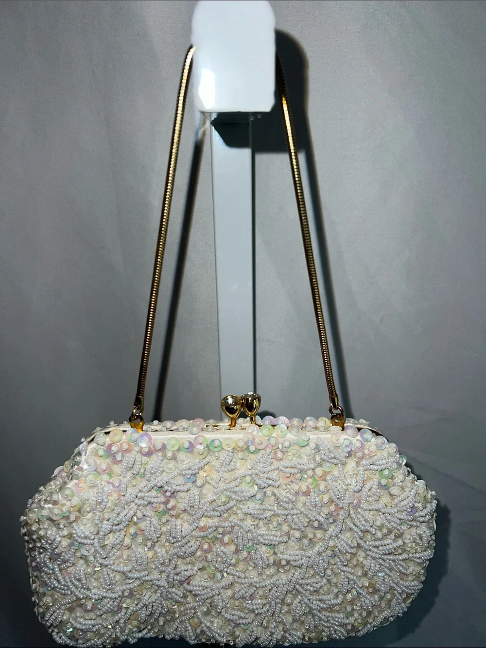 Source Unknown Ivory Pearl & Sequin Beaded Evening Clutch Vintage 1950s